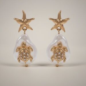 Vintage Gold Turtle Pearl Drop Earrings • Hypoallergenic Titanium Posts